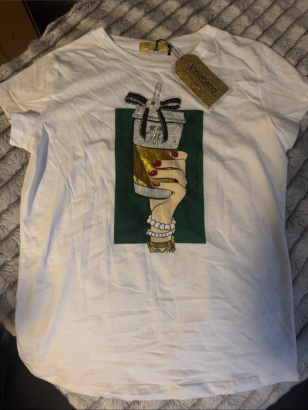 White Graphic Tee with Green Panel and Gold Jewel Cup